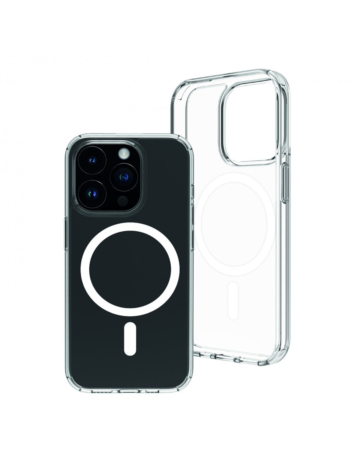 Funda transparente con almohadilla de carga circular blanca alrededor de un móvil negro.