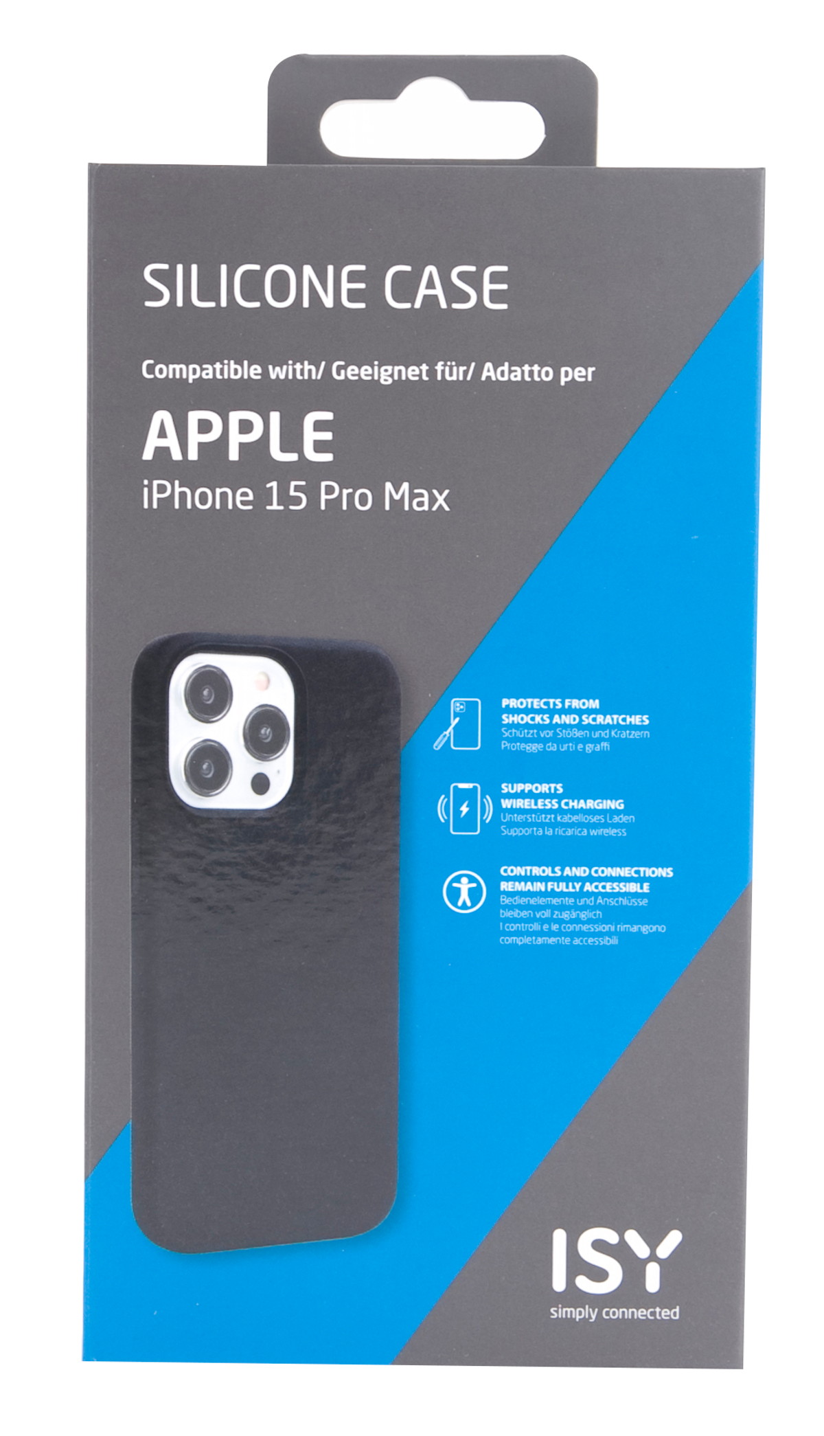 Silikon-Handyhülle-Box, schwarze Hülle, mit Apple iPhone 15 Pro Max Label.