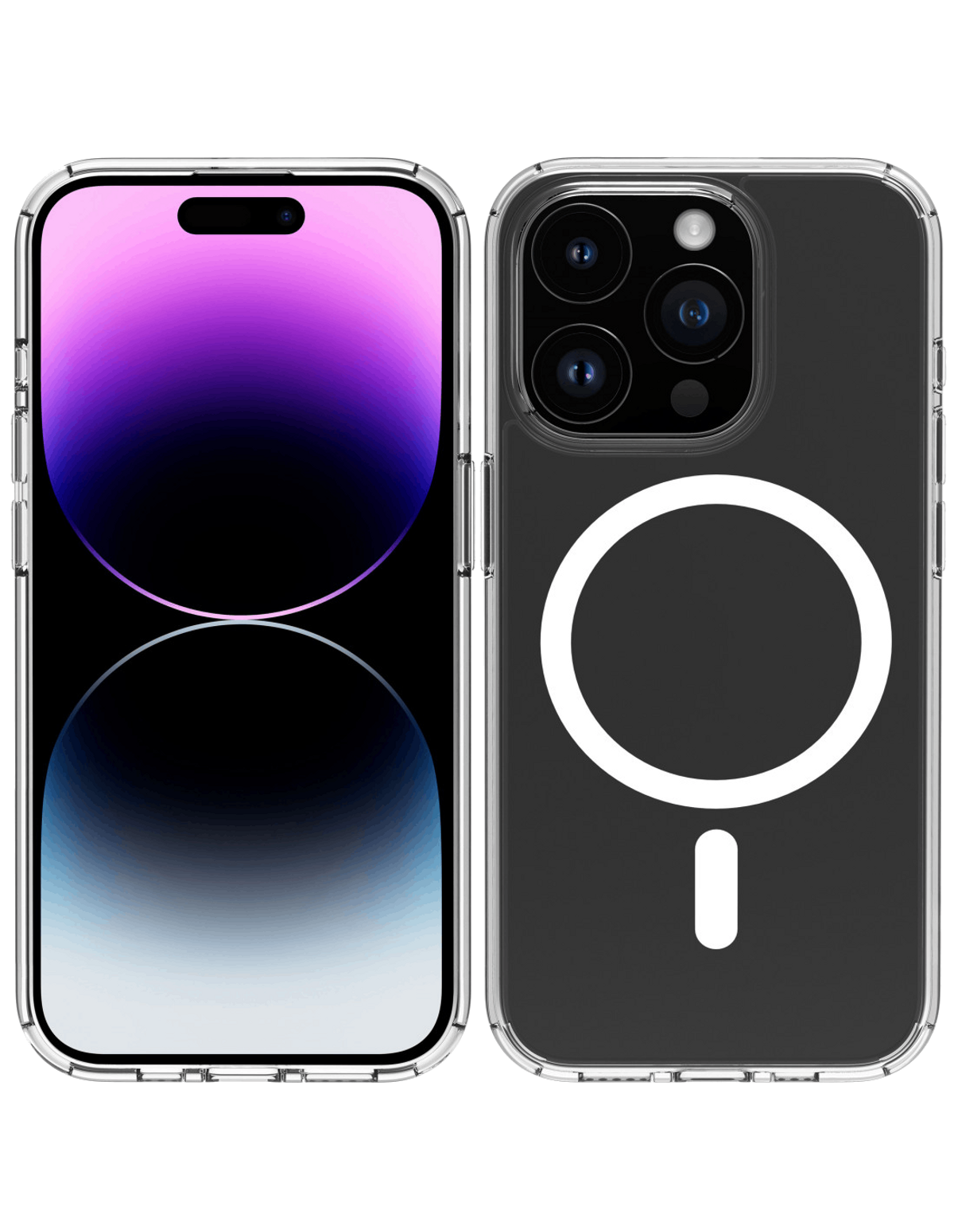 iPhone 14 Pro en funda transparente. Un lado muestra la pantalla y el otro la cámara y el anillo magnético.