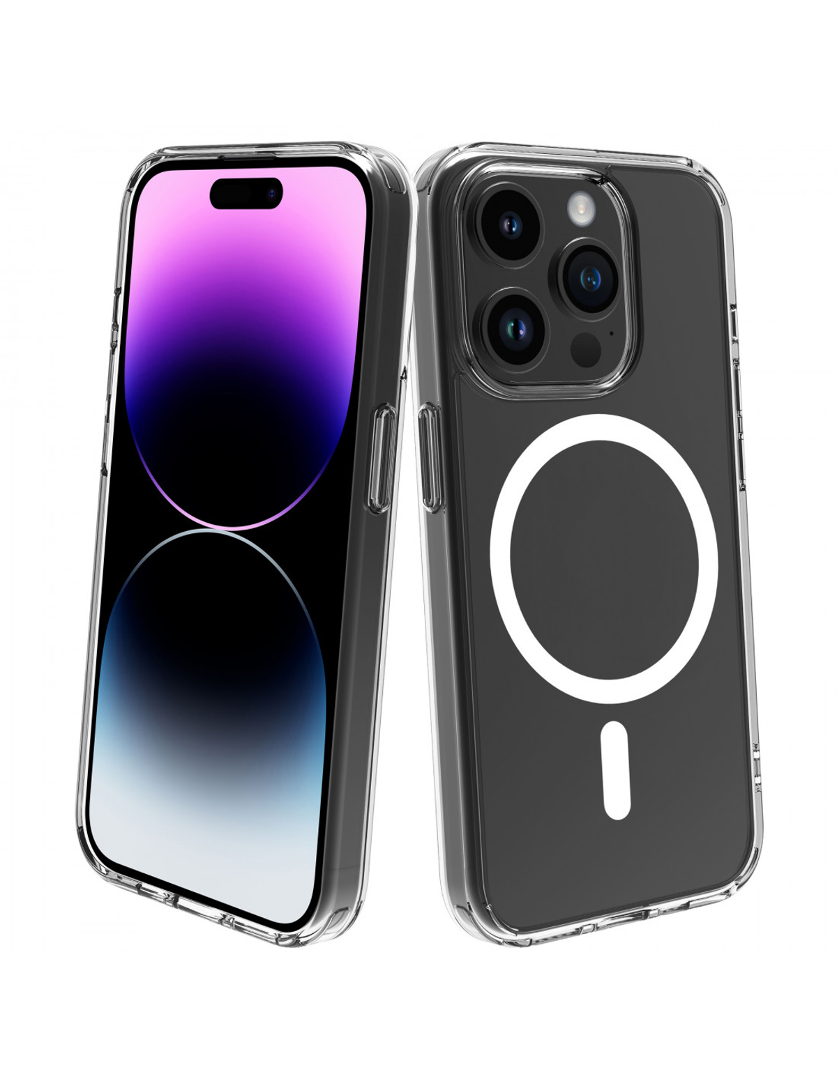 Dos iPhones con fundas transparentes, uno frontal y otro trasero, mostrando los teléfonos.