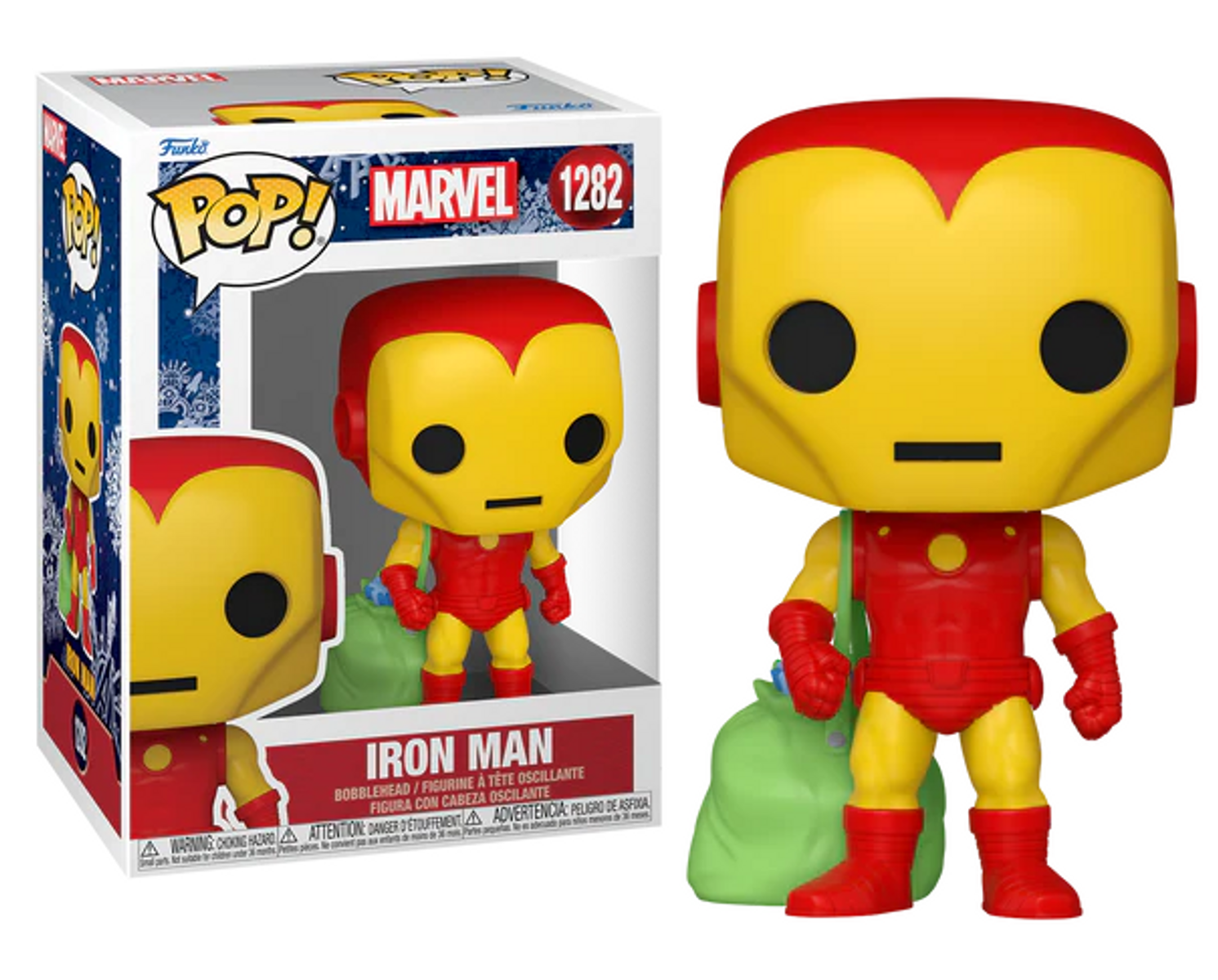 Figura de Iron Man Funko Pop en caja y de pie. Traje rojo y amarillo, bolsa verde.