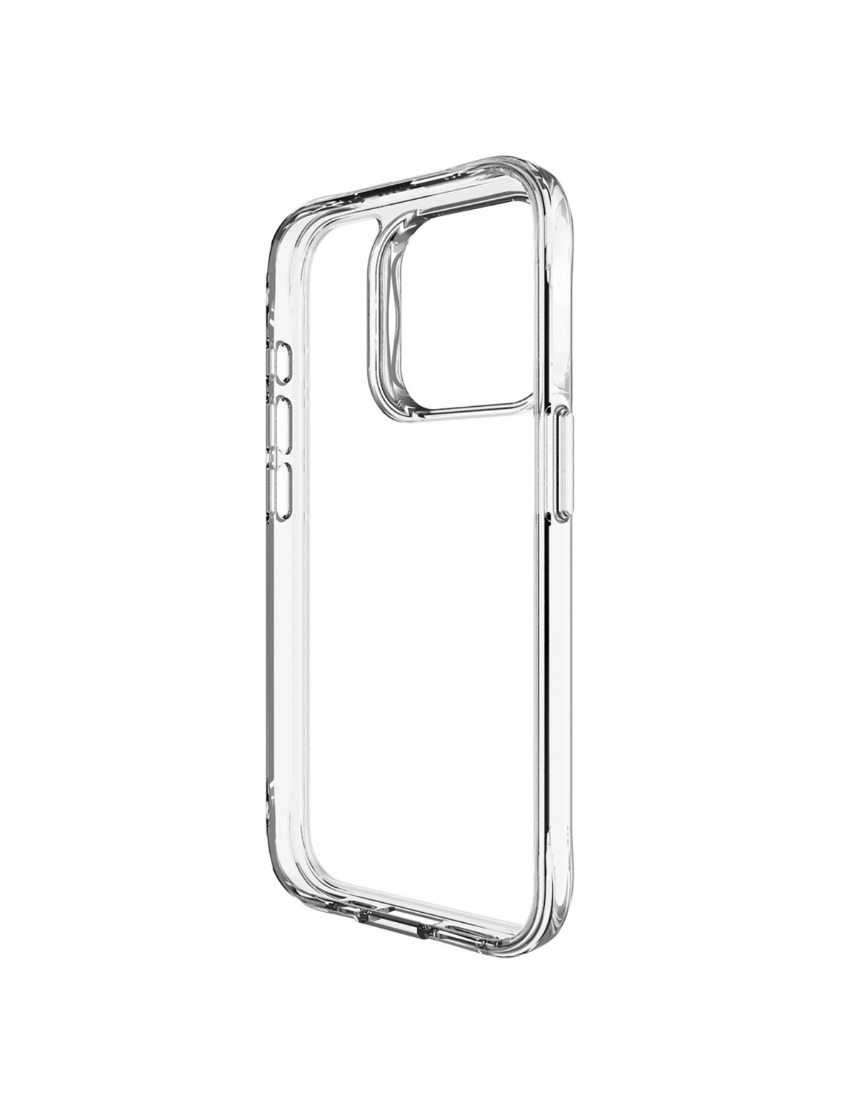 Una funda transparente para teléfono sobre fondo blanco, mostrando el perfil lateral.