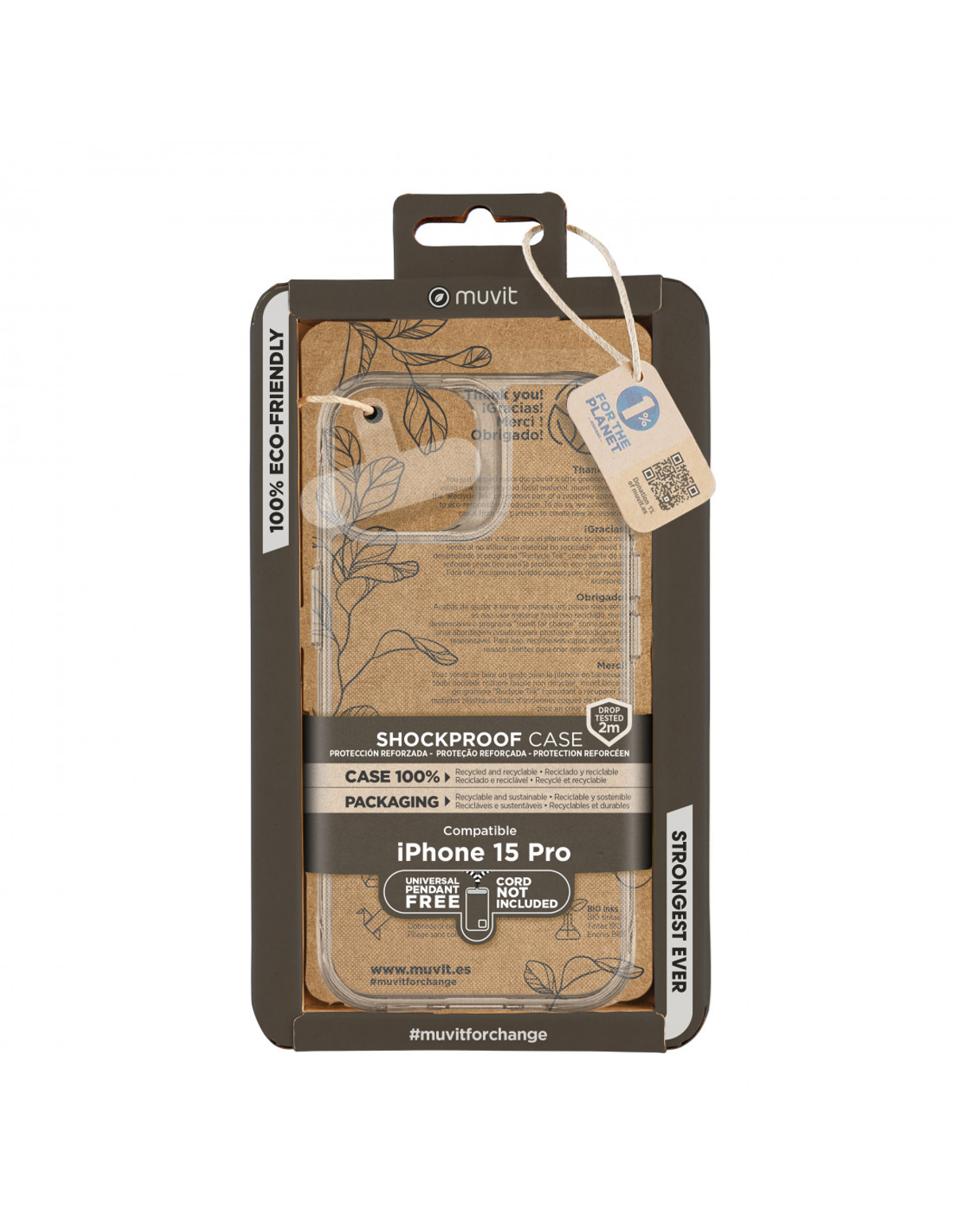 Funda antichoque Muvit para iPhone 15 Pro en su embalaje. El embalaje es ecológico con diseño de hojas.