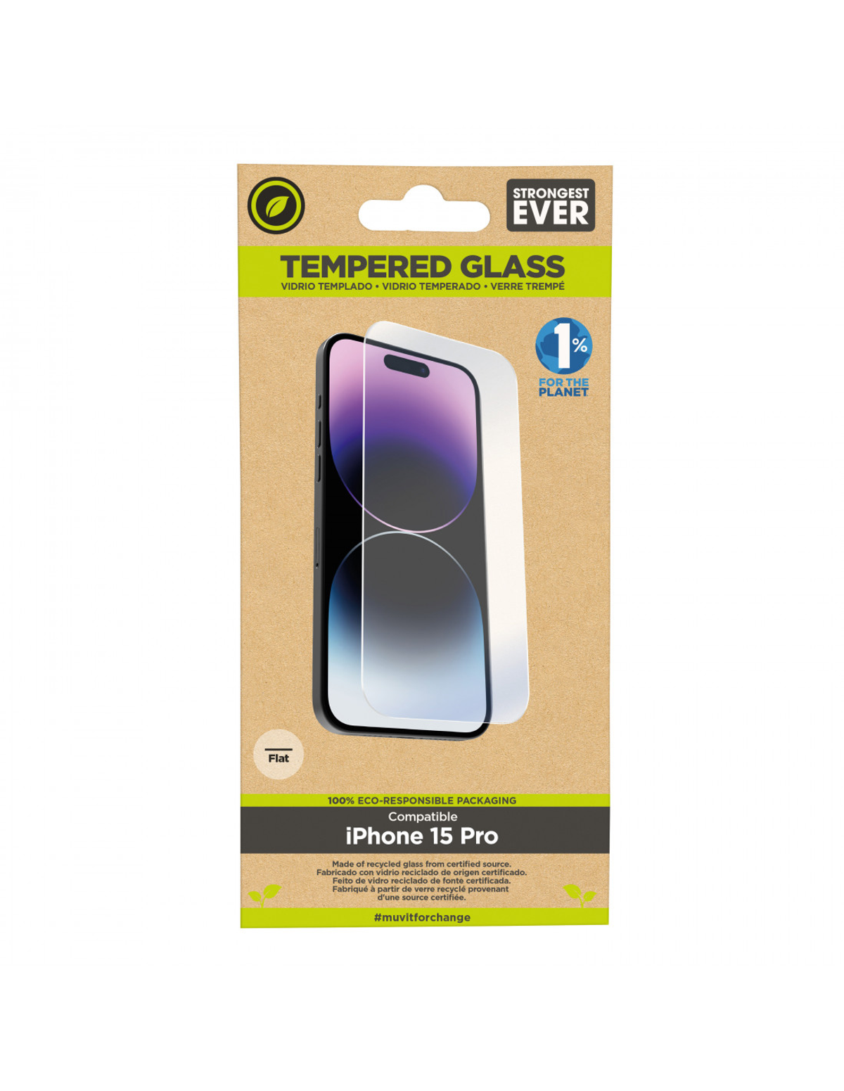 Embalaje de protector de pantalla de vidrio templado, diseño plano para iPhone 15 Pro.