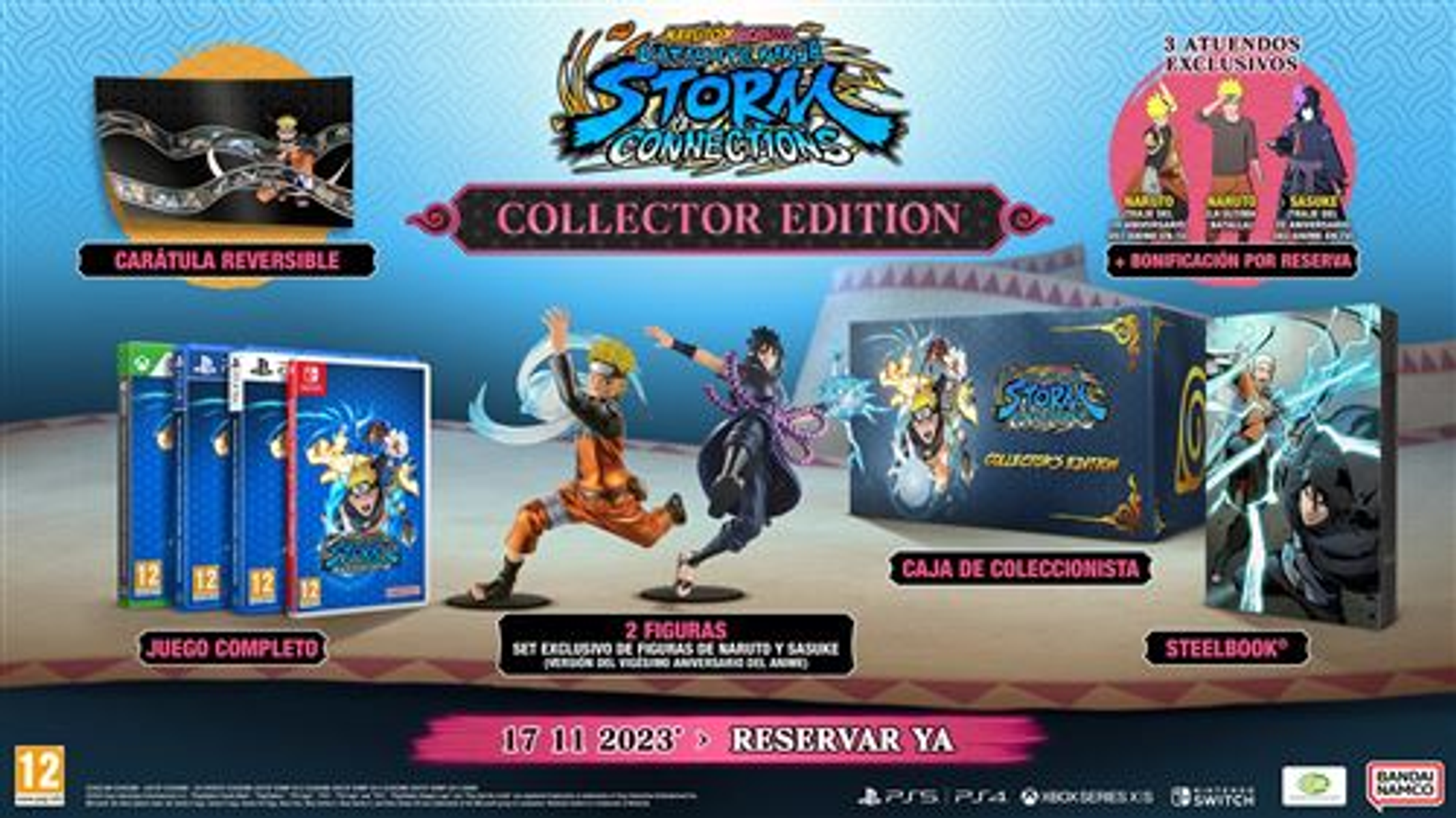 Pudełko Naruto Collector's Edition, z figurkami, pudełkiem z grą i tekstem promocyjnym.