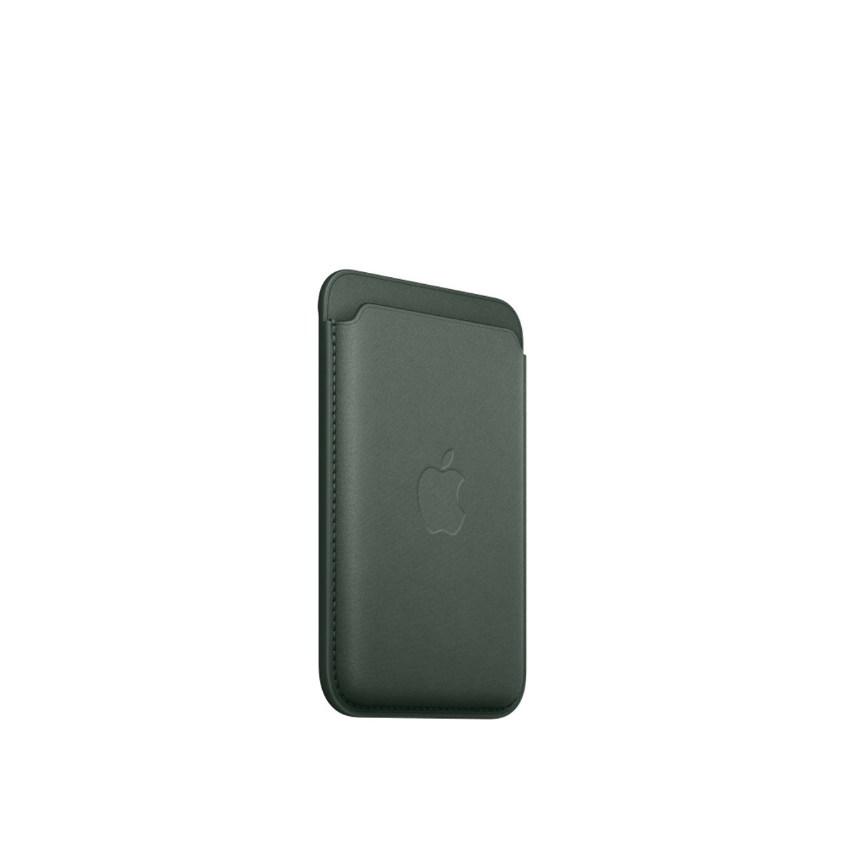 Dunkelgrüne Apple MagSafe-Geldbörse. Apple-Logo auf der Vorderseite. Auf weißem Hintergrund isoliert.