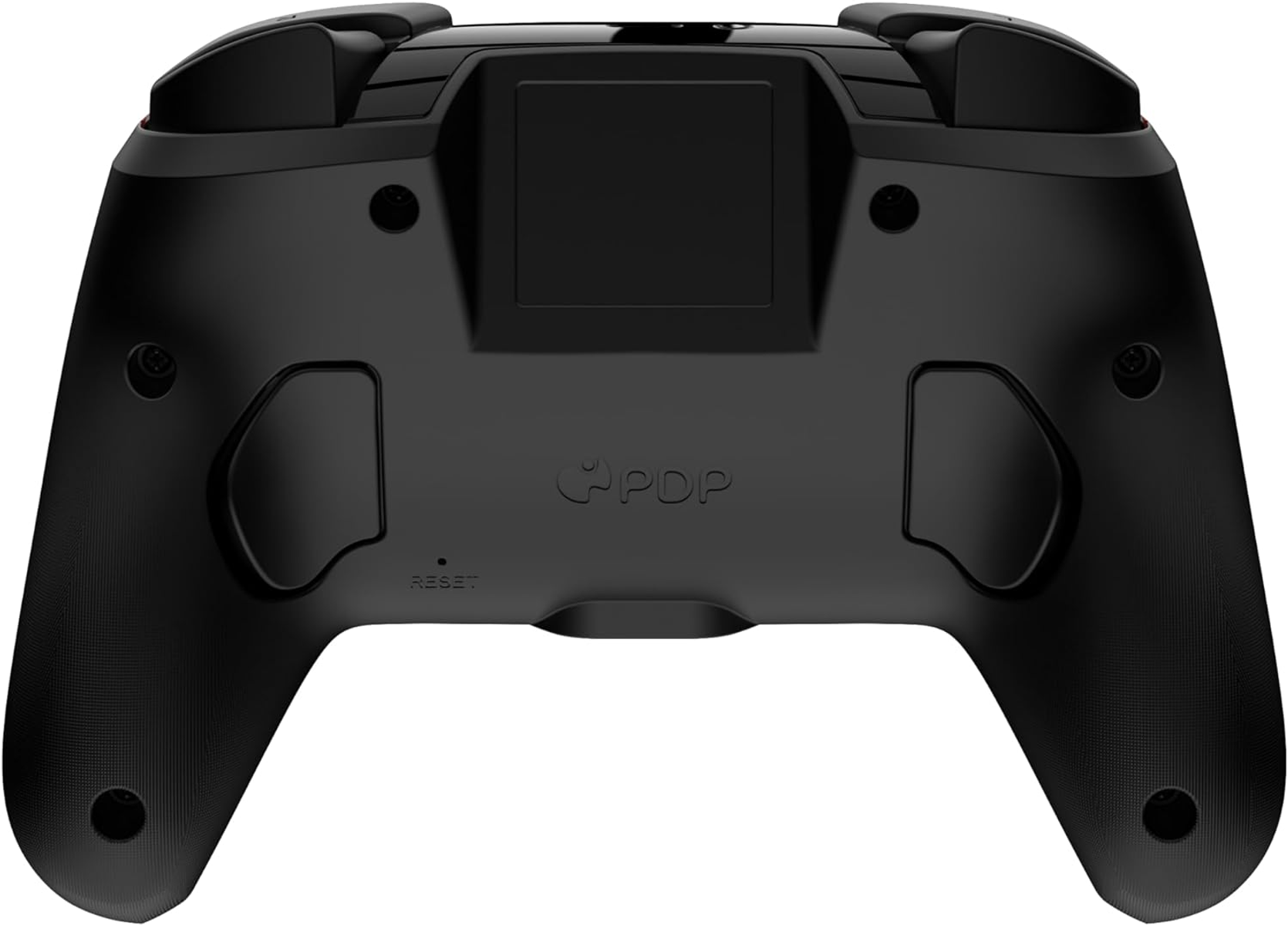 Czarny kontroler do gier, widok z tyłu. Zawiera przycisk reset i logo PDP. Dwa uchwyty po bokach.