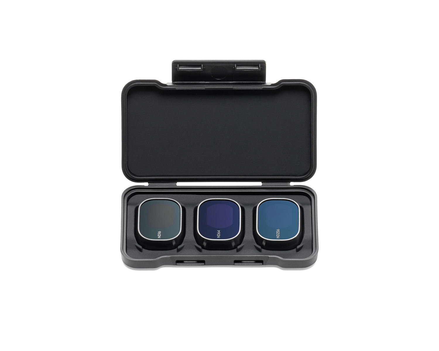 Juego de filtros ND en una funda. Funda negra, filtros azules y verdes.