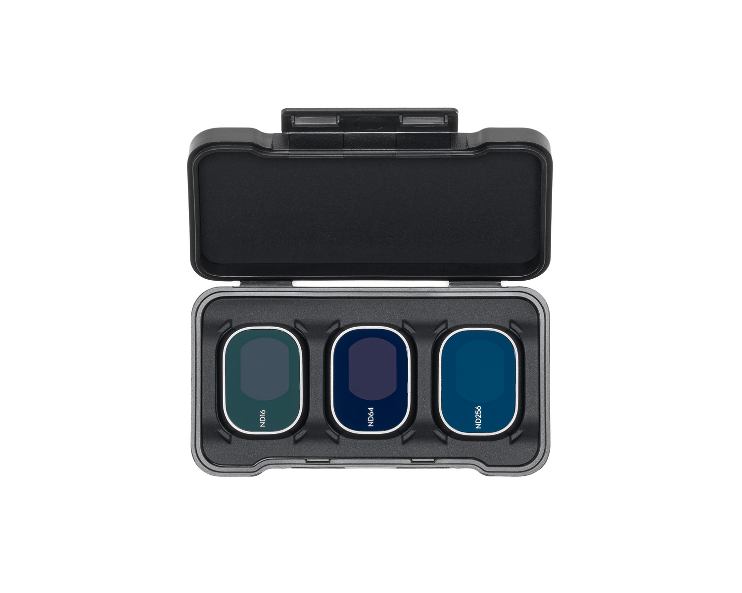 Una caja gris con tres filtros: verde, azul y azul oscuro. Son filtros ND.