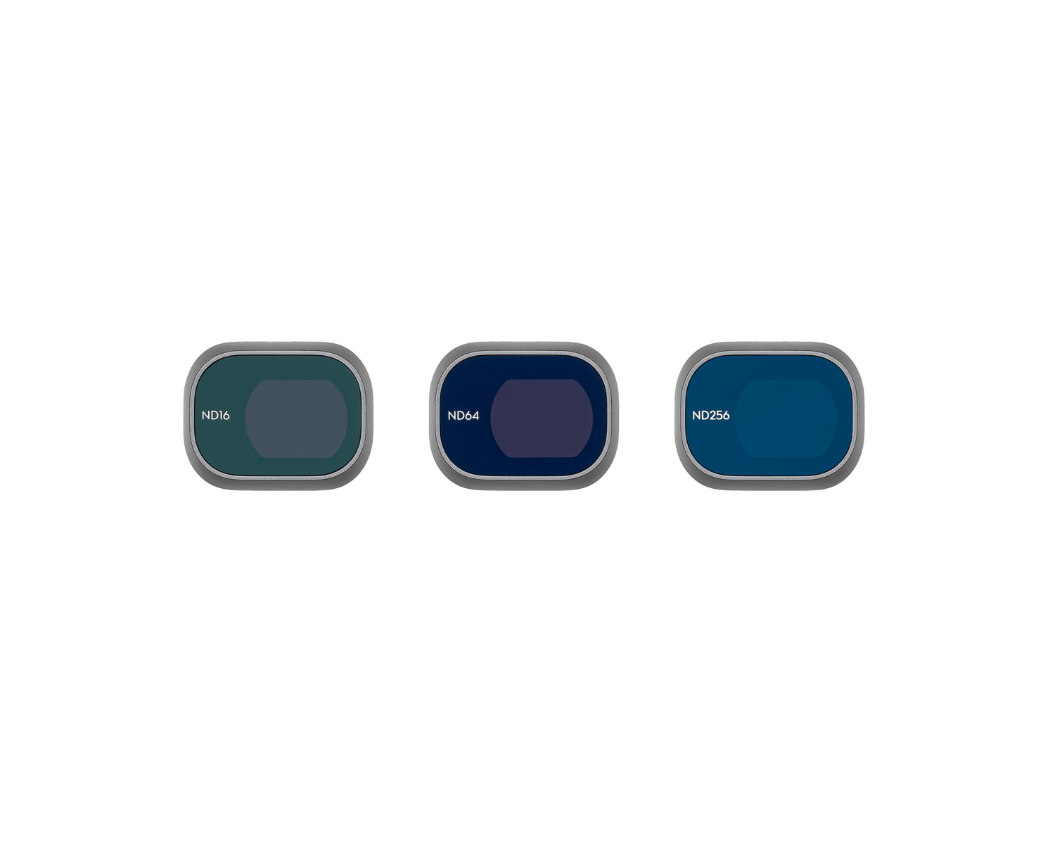Tres filtros de cámara rectangulares etiquetados ND16, ND64 y ND256, sobre un fondo blanco.