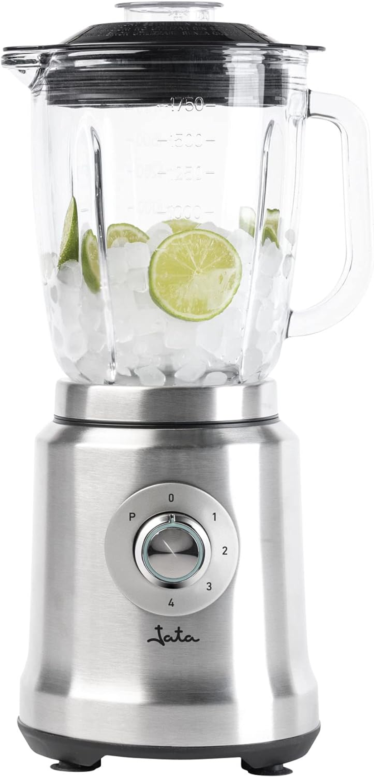 Un frullatore argento e vetro con ghiaccio e fette di lime all'interno, con quadrante e coperchio trasparente.