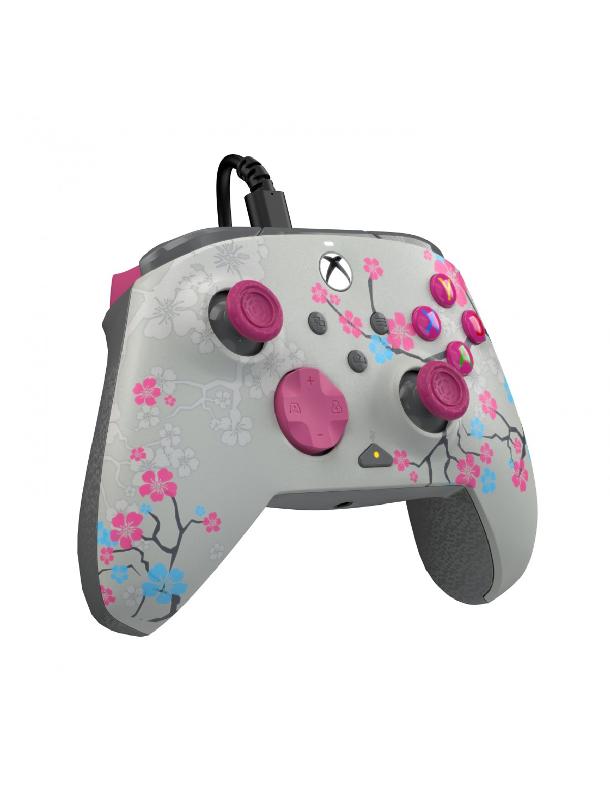 Szary kontroler Xbox z różowo-niebieskim kwiatowym wzorem.