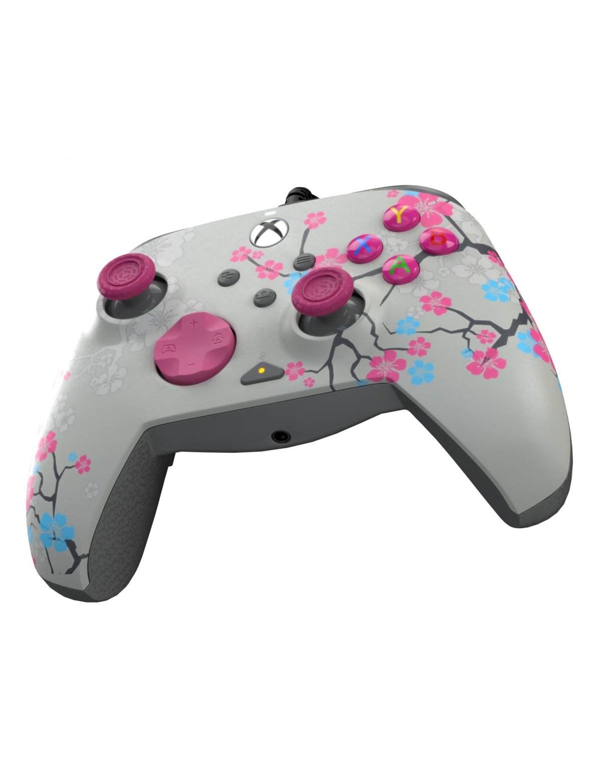 Szary kontroler Xbox z różowo-niebieskim kwiatowym wzorem i różowymi przyciskami.