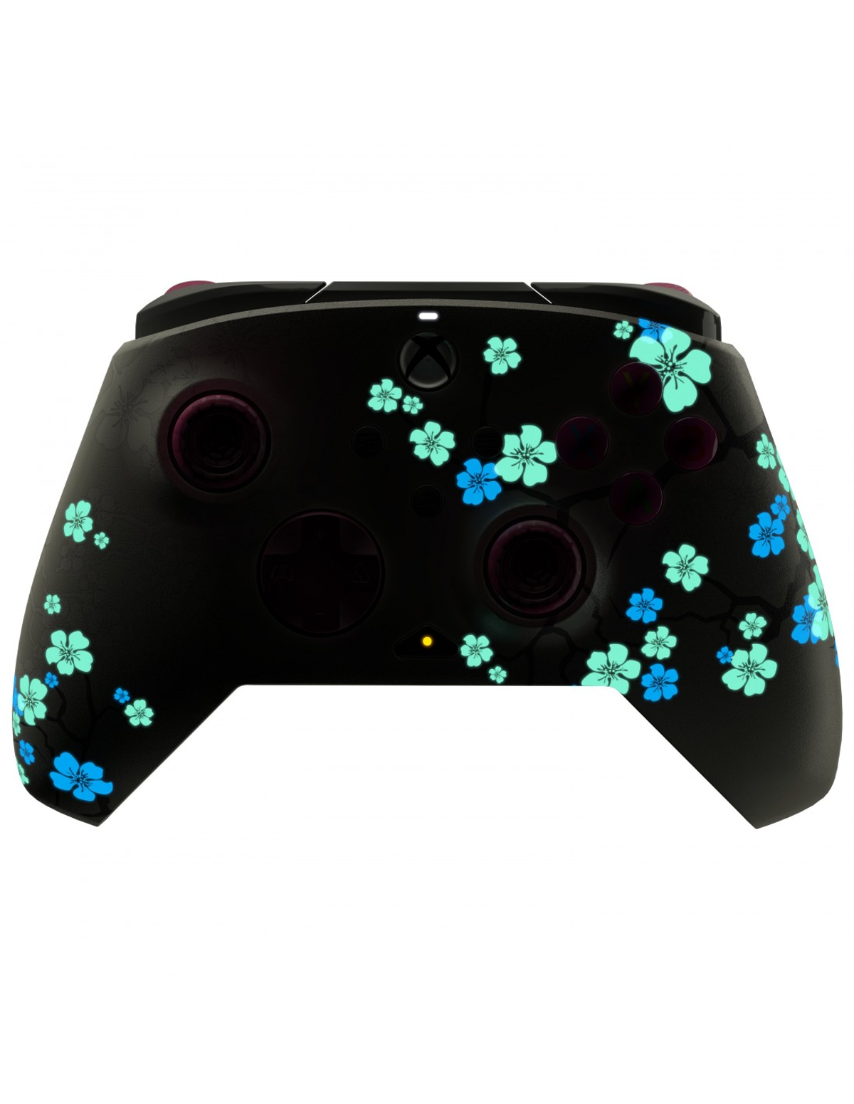 Czarny kontroler Xbox z niebieskim i cyjanowym wzorem kwiatowym. Motyw kwiatu wiśni.