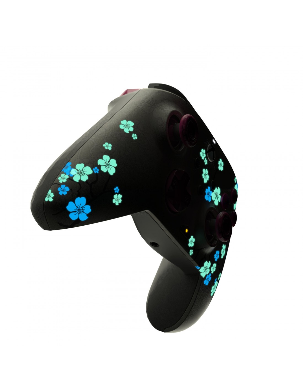 Czarny kontroler do gier z niebieskim i jasnoniebieskim kwiatowym wzorem oraz fioletowymi przyciskami. Białe tło.