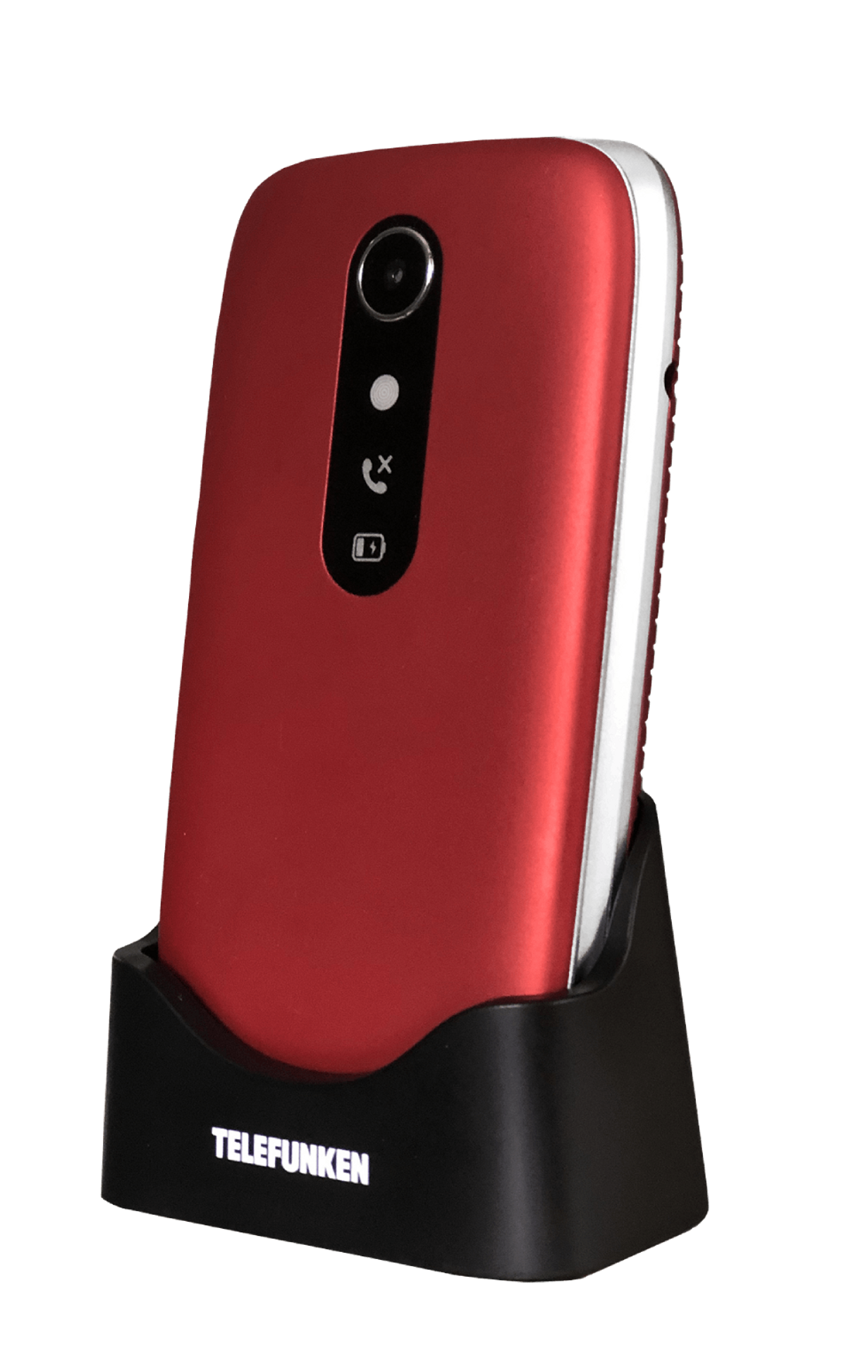 Telefono a conchiglia rosso in una base di ricarica nera. Il telefono è rosso, con fotocamera e display.