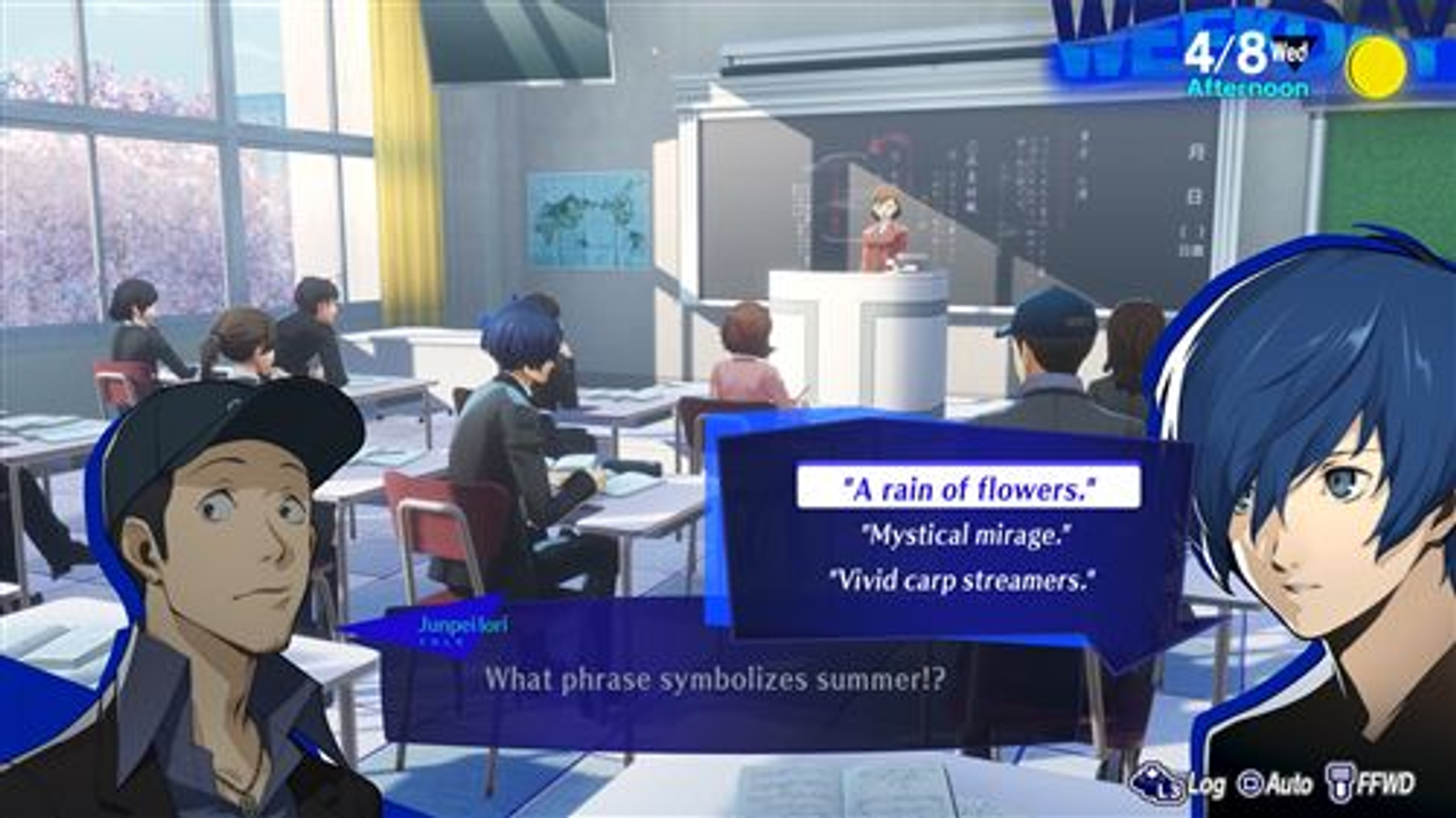 Escena de aula estilo anime. Estudiantes en escritorios, profesor al frente. Cuadro de diálogo con texto sobre el verano.