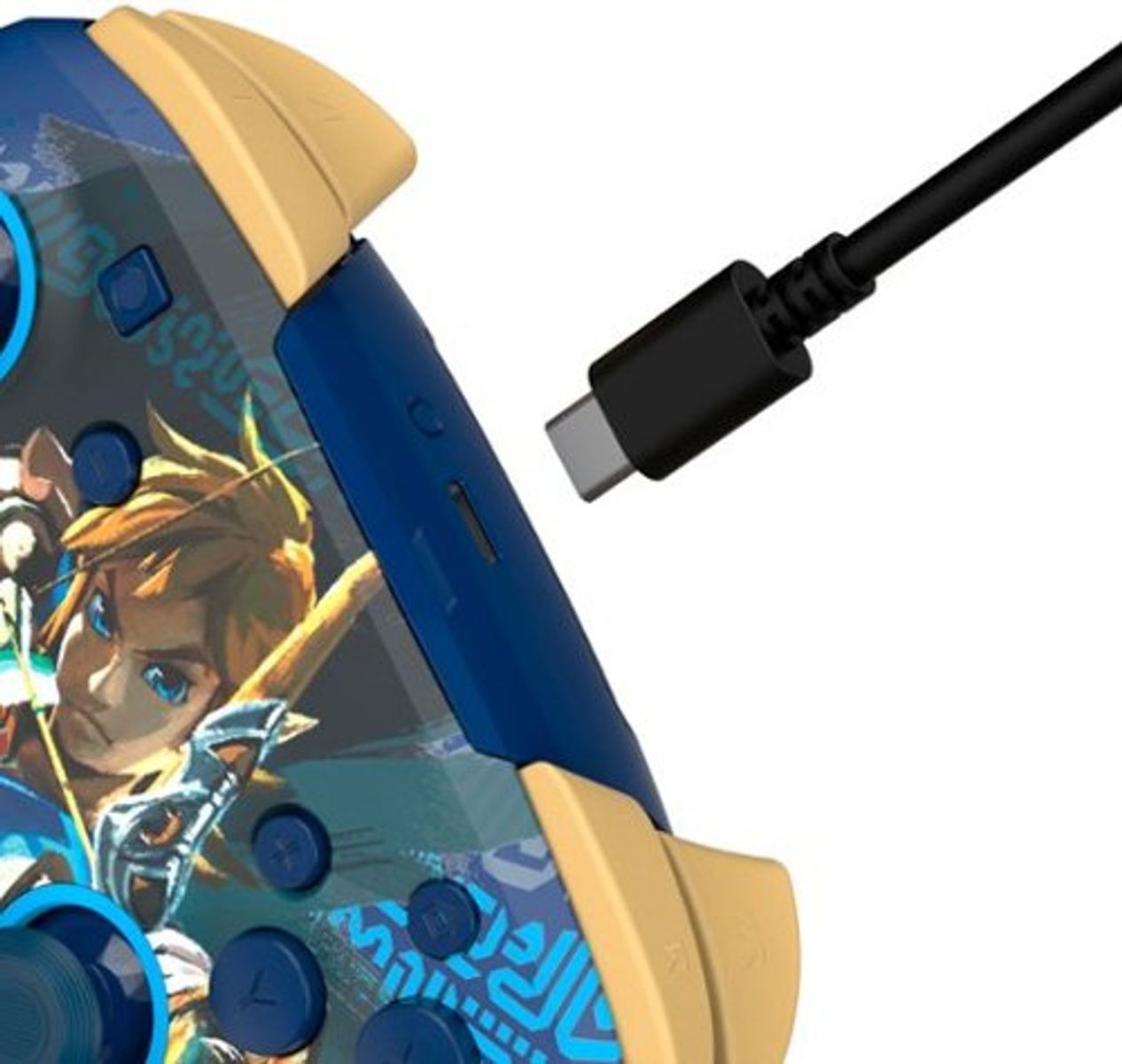 Niebiesko-żółty kontroler Nintendo Switch z podłączonym kablem do ładowania.