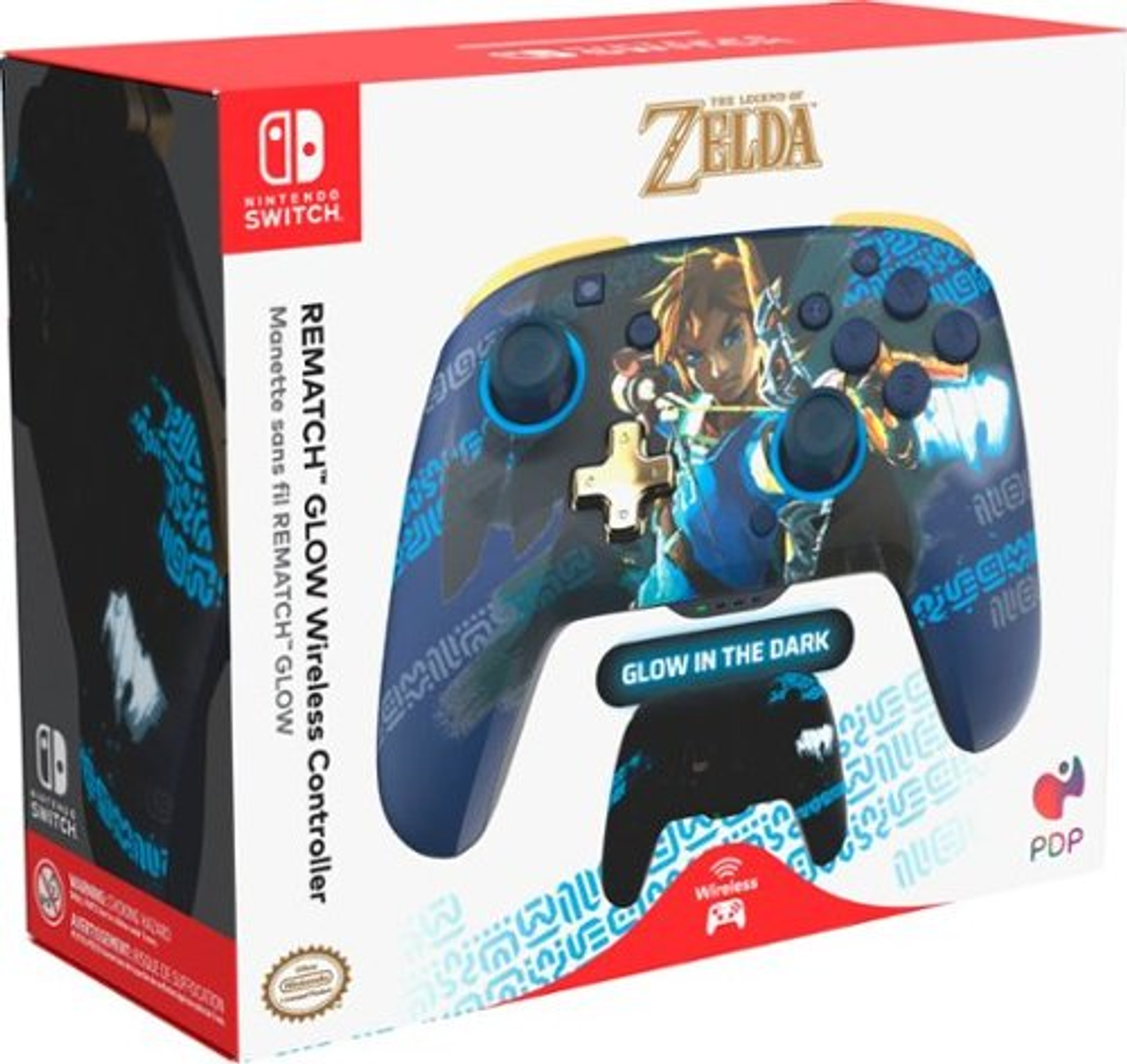 Pudełko Nintendo Switch z kontrolerem. Kontroler ma obrazek Linka.