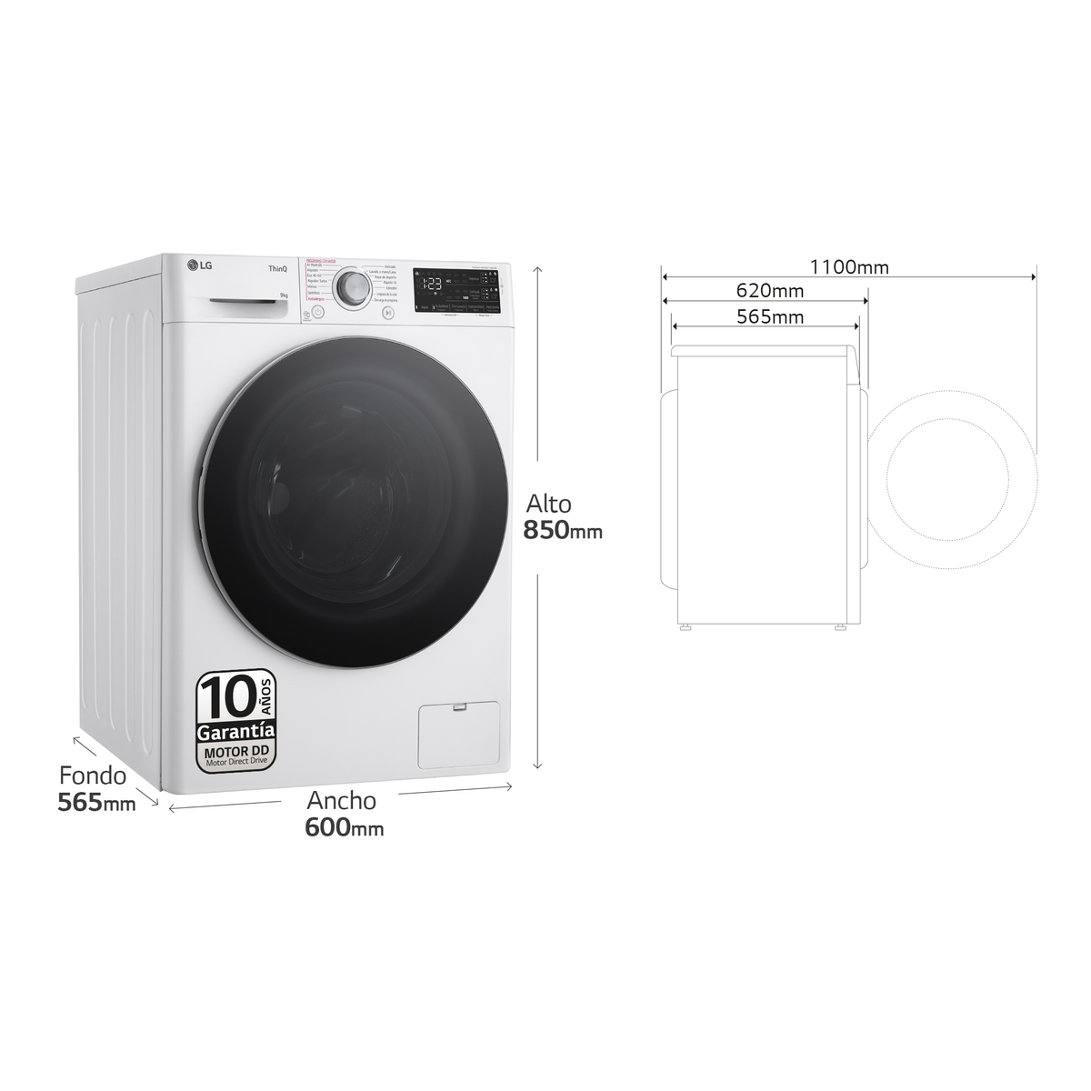 Lavadora blanca con dimensiones: 850 mm alto, 600 mm ancho, 565 mm profundo.