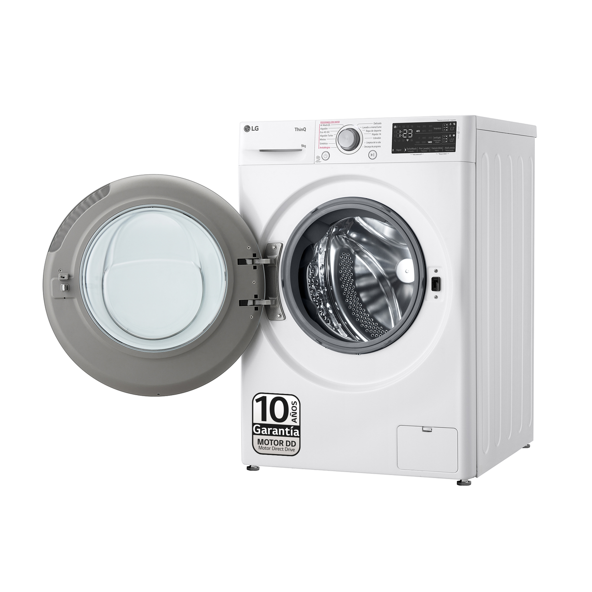 Lavadora LG blanca con la puerta abierta. Una pegatina de garantía de 10 años está en la esquina inferior izquierda.