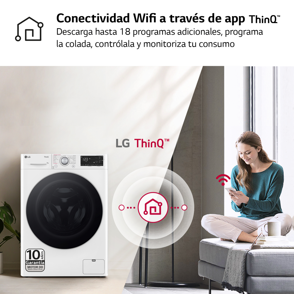 Lavadora LG blanca con panel de control y una mujer usando un smartphone a la derecha.