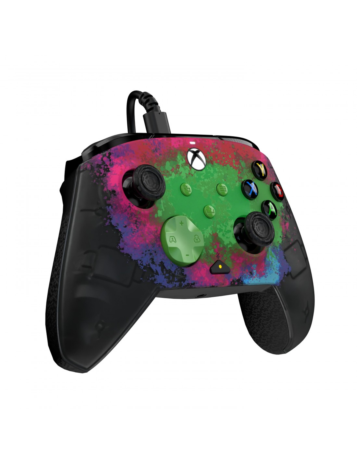 Kontroler Xbox z kolorowym wzorem rozprysków farby, czarnymi uchwytami i różnymi przyciskami.