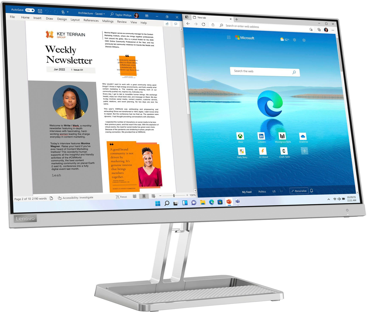Monitor komputera wyświetlający stronę internetową i e-mail. Srebrna podstawa i ramka. Logo Lenovo.
