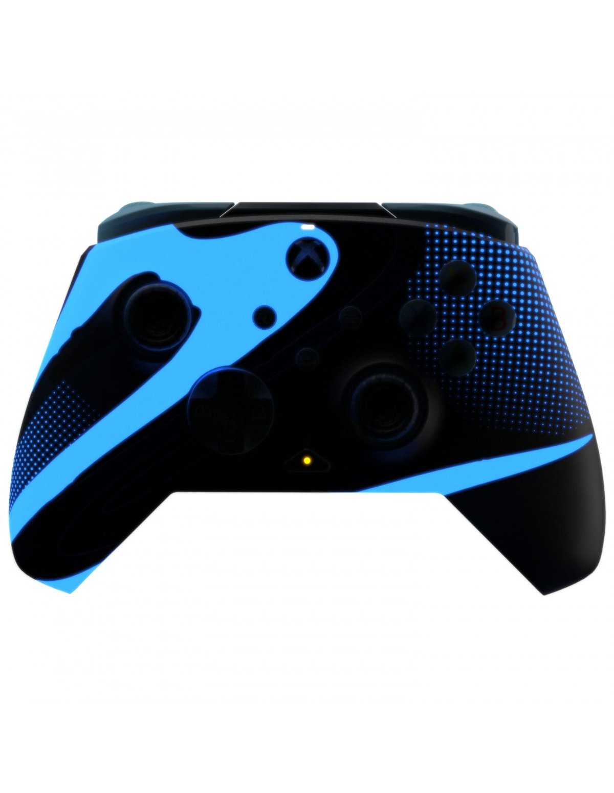 Czarno-niebieski kontroler Xbox na białym tle.