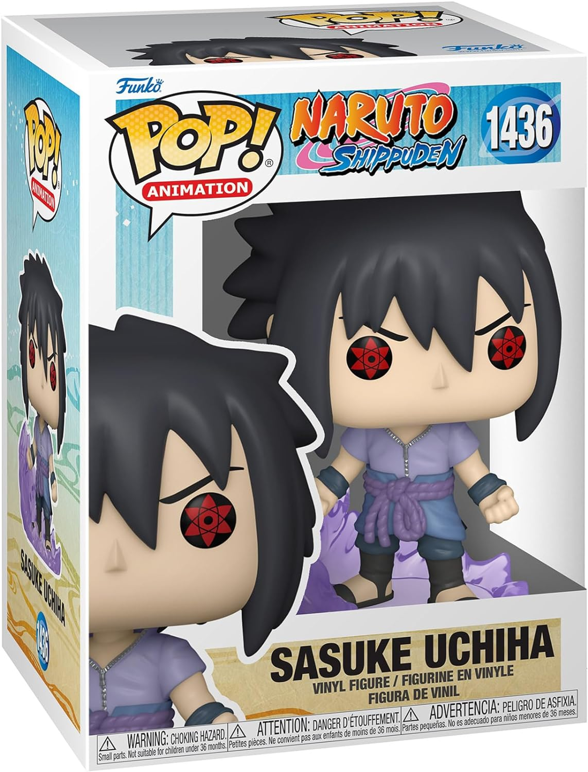 Funko Pop! von Sasuke Uchiha in der Box. Die Figur steht in Kampfpose. Weißer Hintergrund.