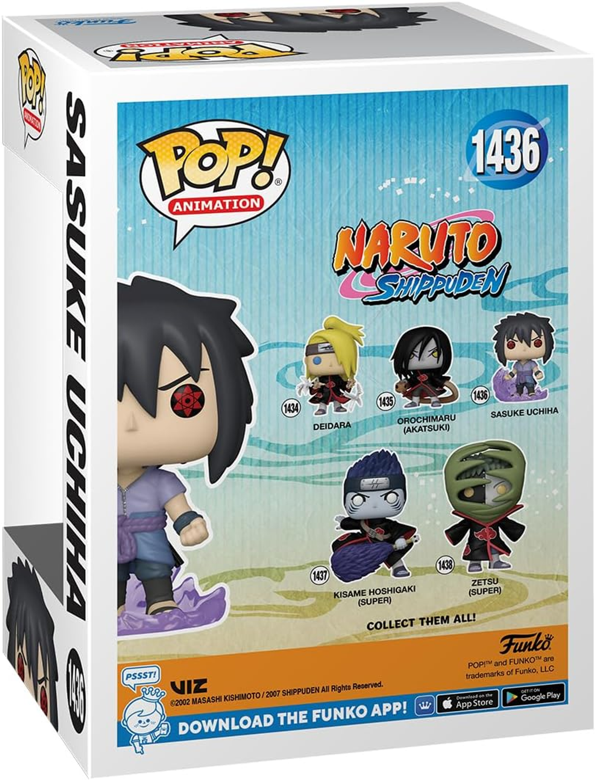 Eine Funko Pop-Box mit Naruto Shippuden-Charakteren, darunter Sasuke Uchiha und andere.