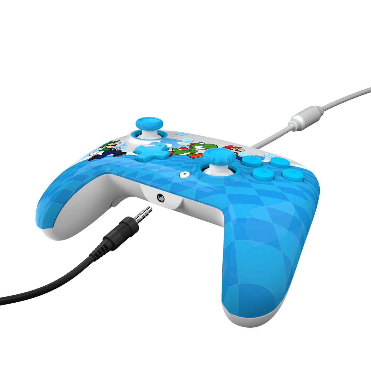 Niebiesko-biały kontroler Mario. Połączony z czarnym kablem.
