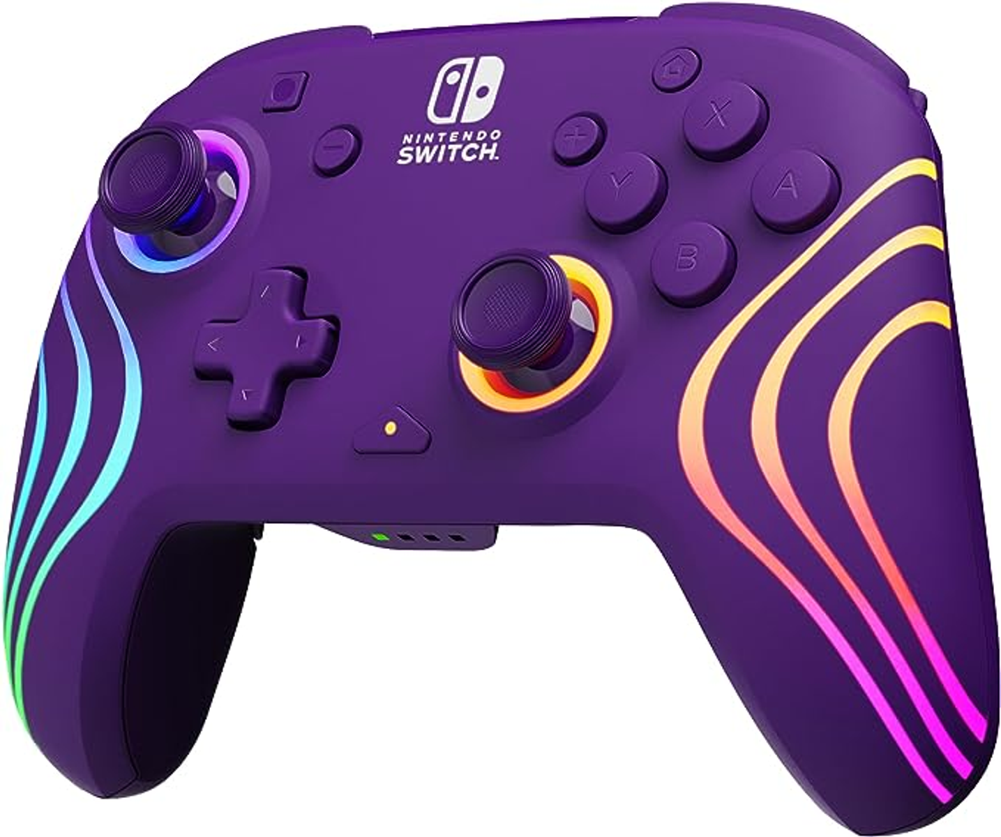 Ein lila Nintendo Switch-Controller mit bunten Lichtern und Knöpfen.