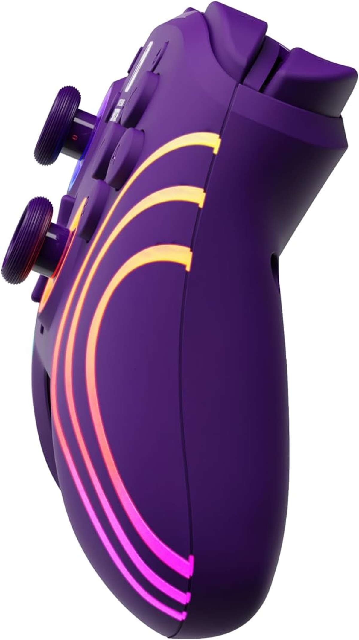 Ein lila Controller mit orangefarbenen und rosa Lichtern. Der Controller ist abgewinkelt.