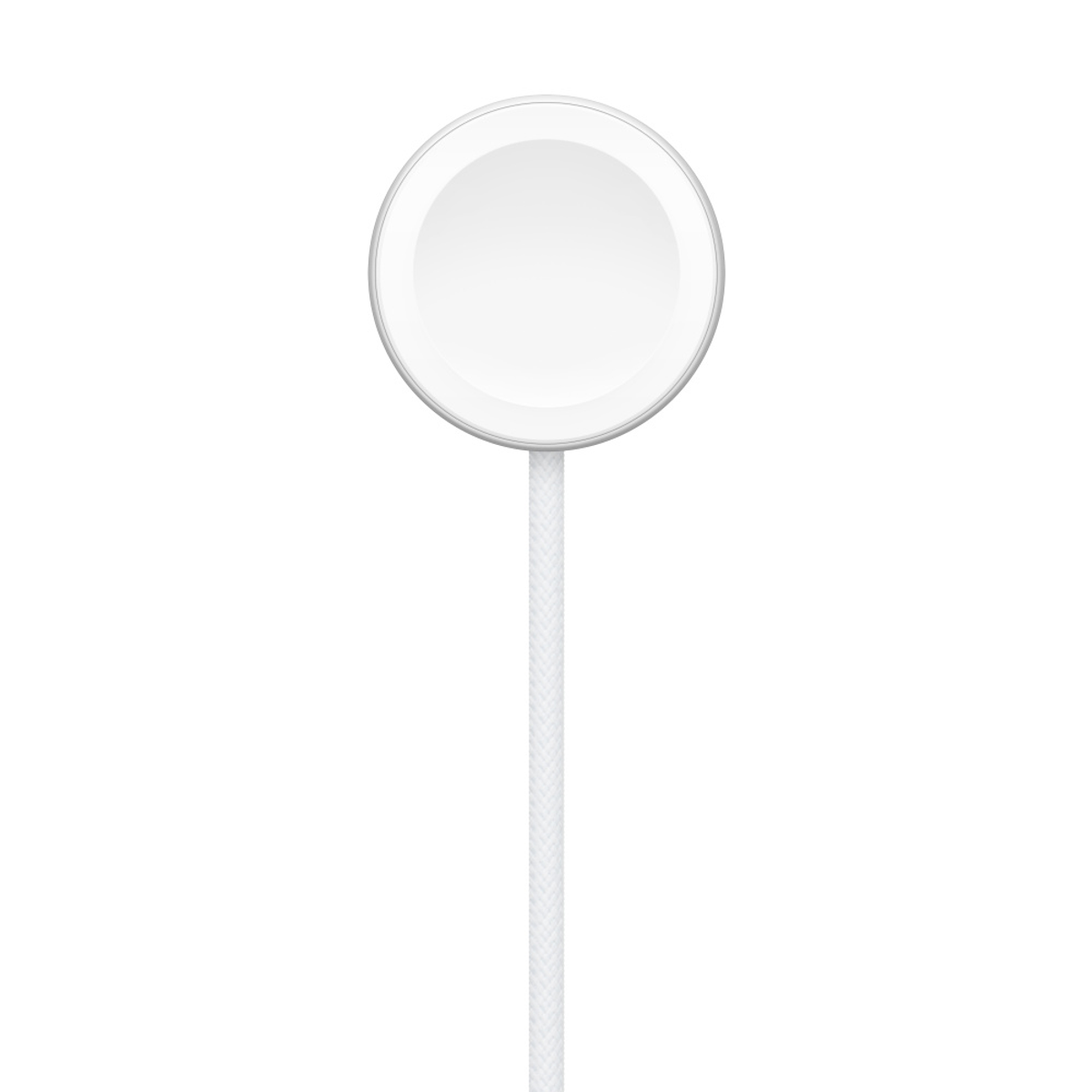Un caricatore Apple Watch circolare bianco su sfondo bianco, con cavo intrecciato bianco.