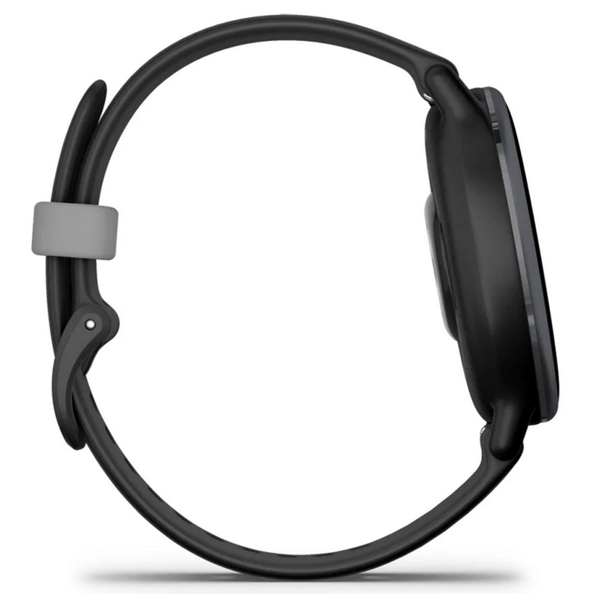 Schwarze Smartwatch mit grauem Armband, von der Seite gesehen. Das Zifferblatt ist rund und dunkel.