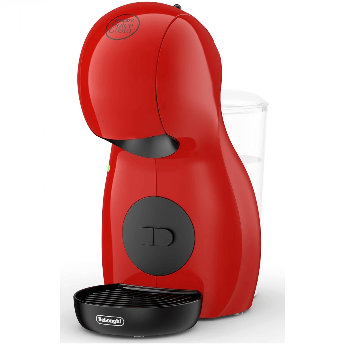 Macchina da caffè rossa con base nera e contenitore dell'acqua, su sfondo bianco.