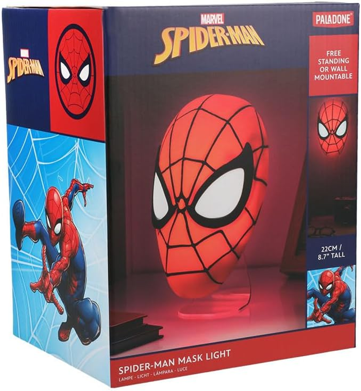 Światło maski Spider-Mana w pudełku, czerwone i czarne. Pudełko z grafiką Spider-Mana.