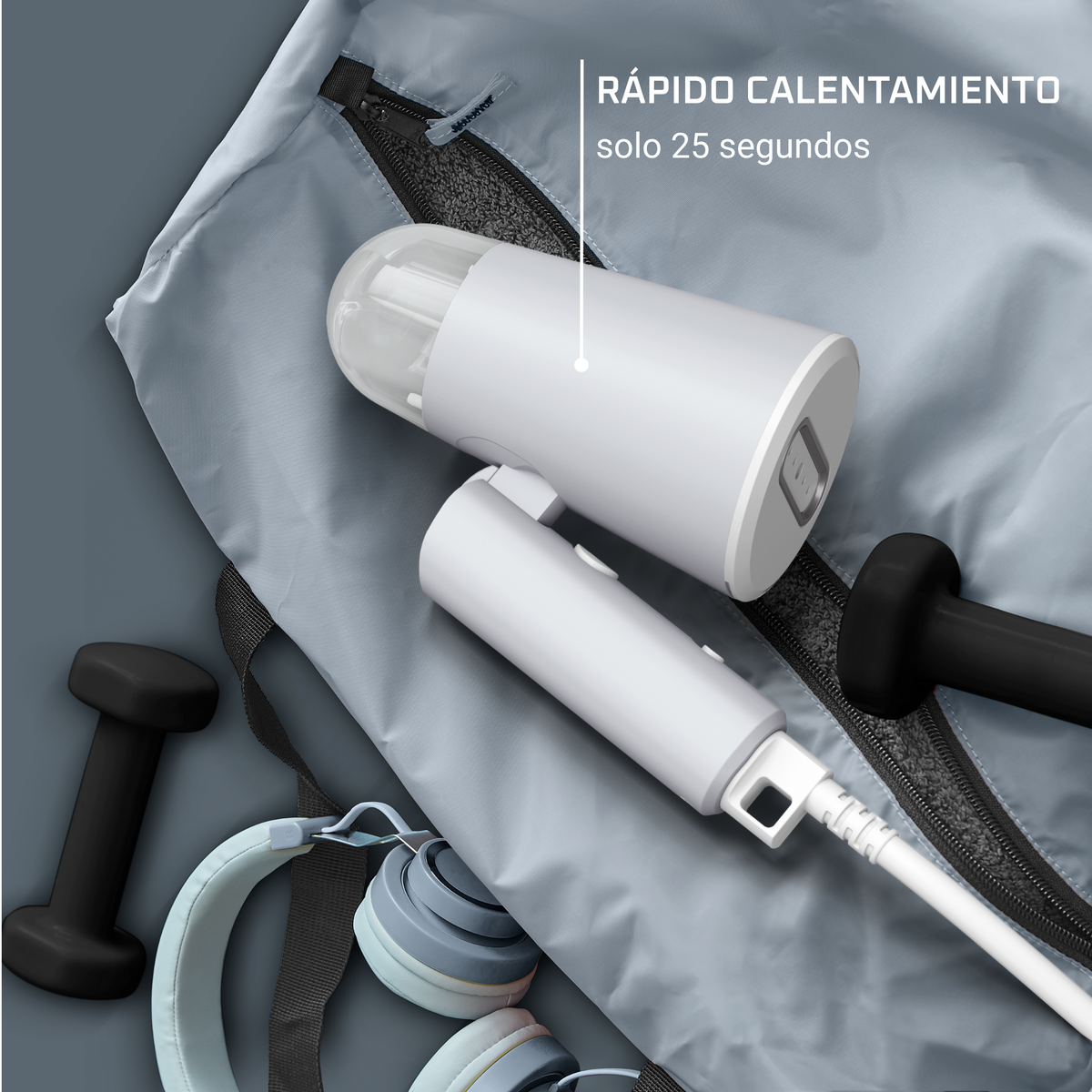 Dispositivo portatile bianco e grigio con accessori su sfondo grigio.