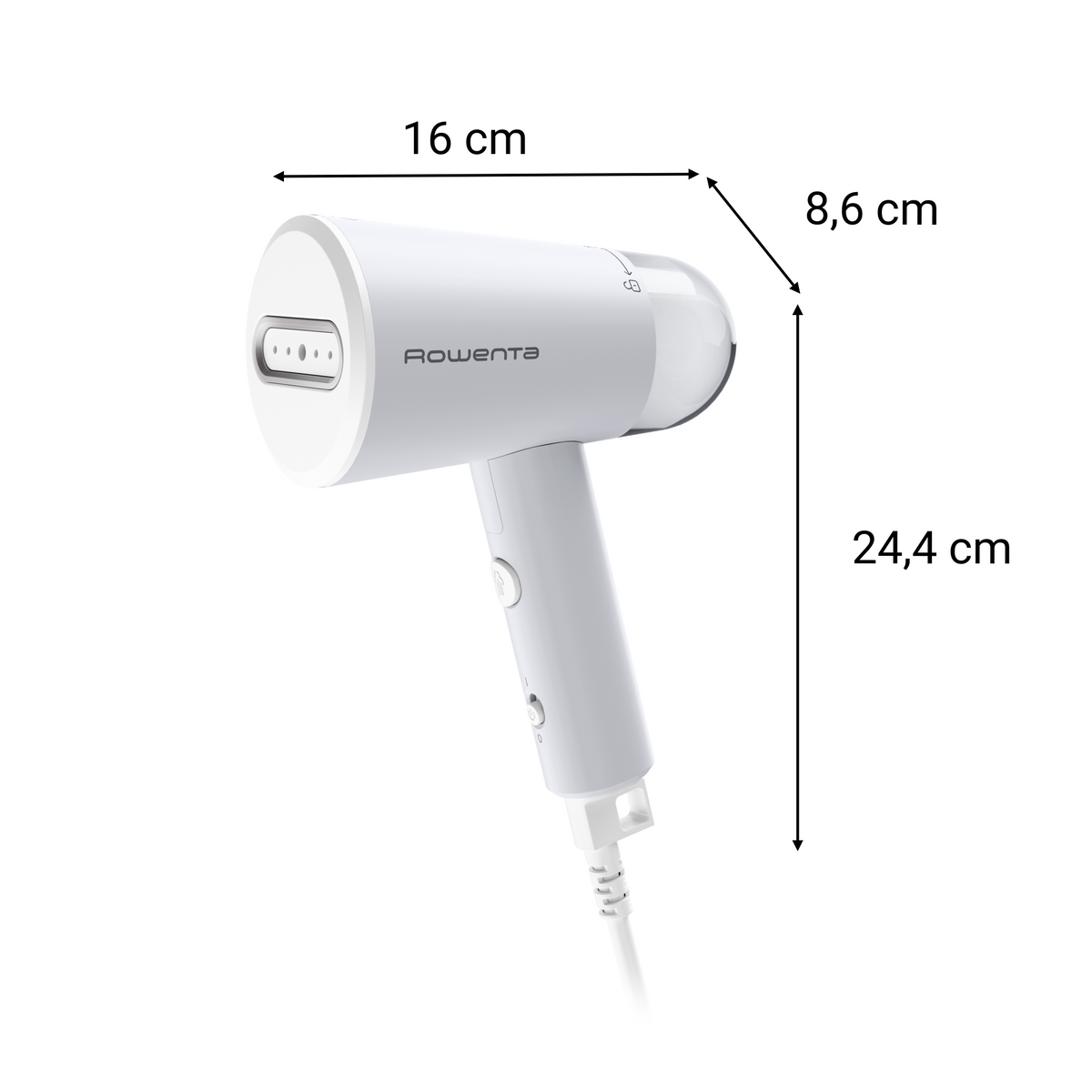 Uno steamer Rowenta bianco con dimensioni. Ha un'impugnatura e un'uscita vapore.