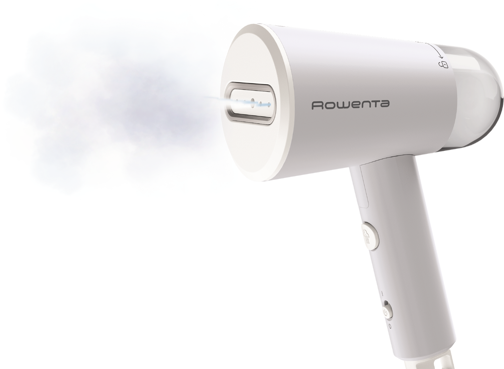 Vaporizzatore portatile per indumenti bianco con nuvola di vapore, isolato su sfondo nero.