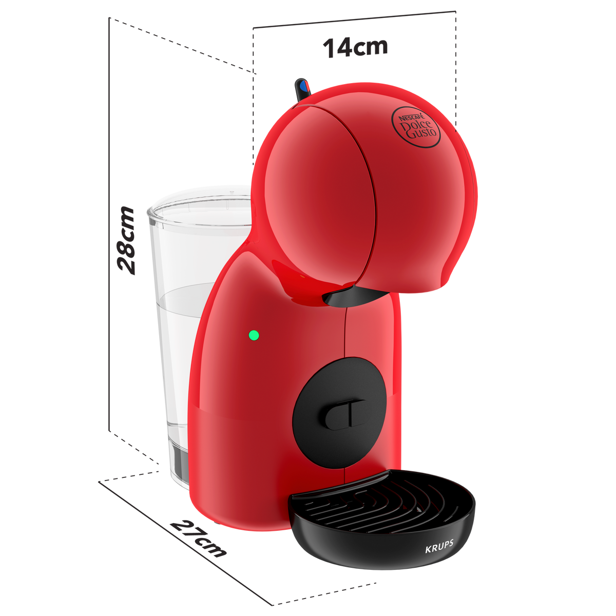 Czerwony ekspres do kawy Krups Dolce Gusto ze szklanką wody obok.