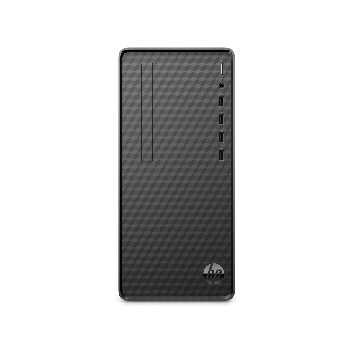 Czarny komputer stacjonarny HP. Z przodu geometryczny wzór i porty.
