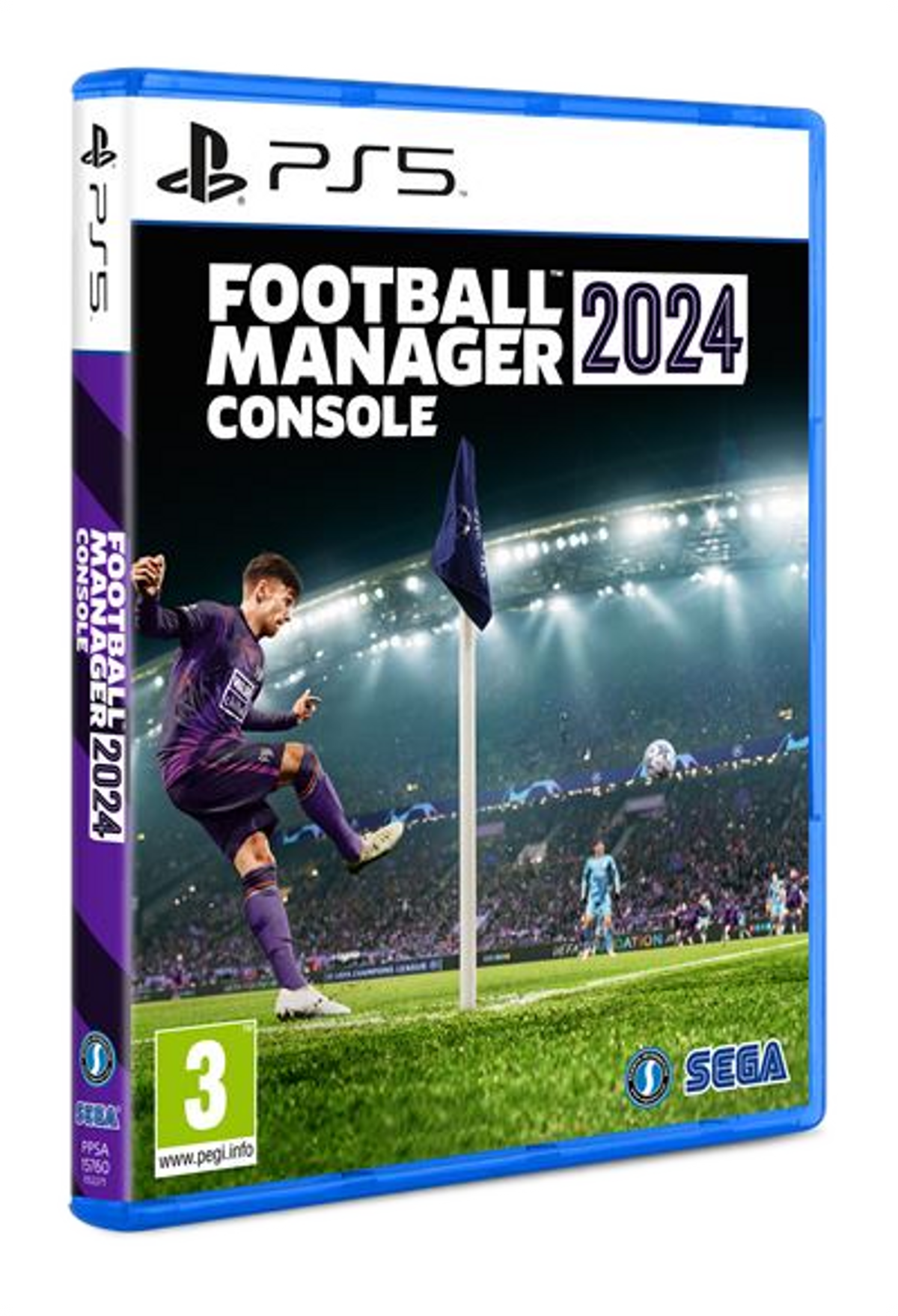 Pudełko z grą PS5 dla Football Manager 2024 Console. Gracz kopiący piłkę. Zielone boisko, stadion.
