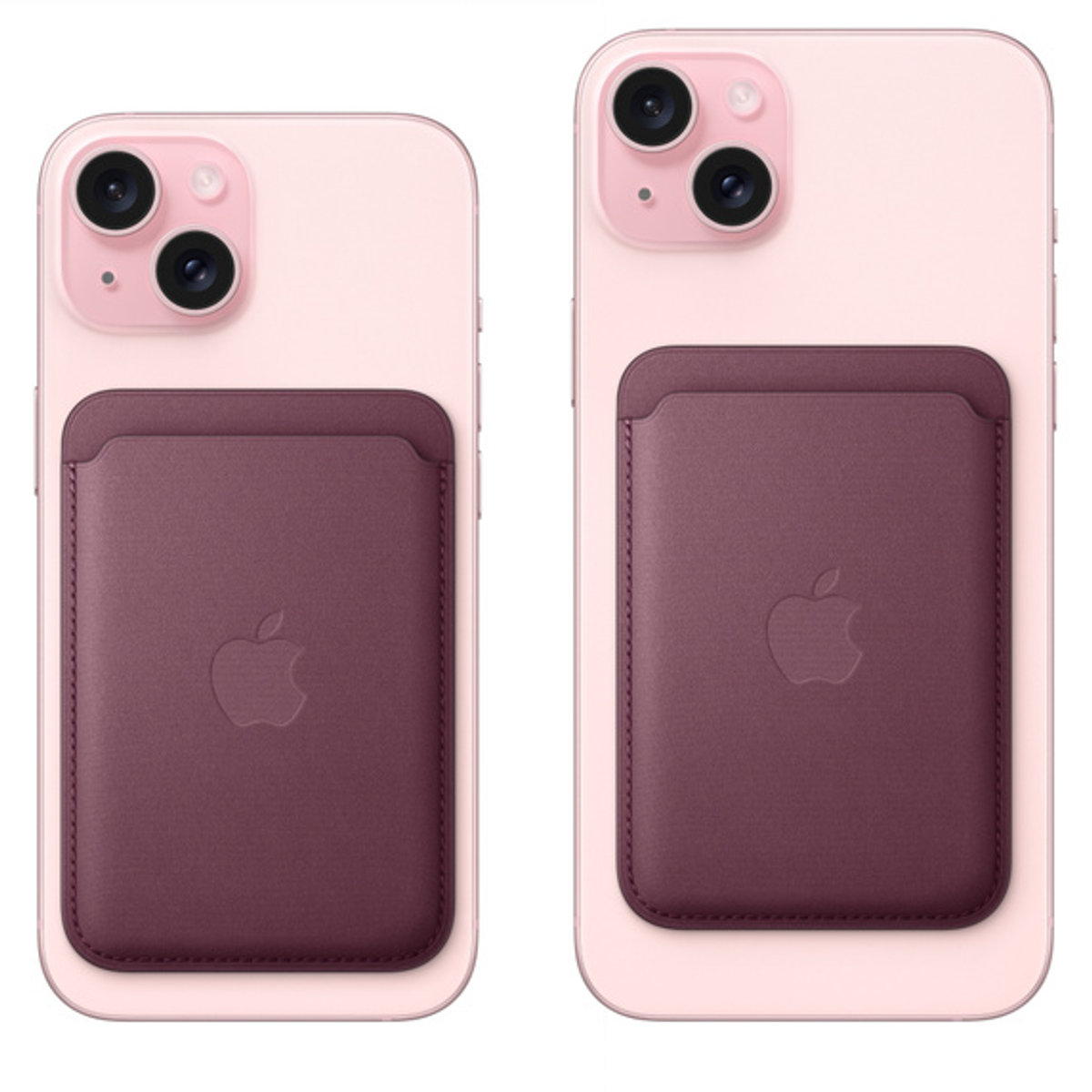 Two pink phones with attached maroon leather wallets. Apple logo visible.