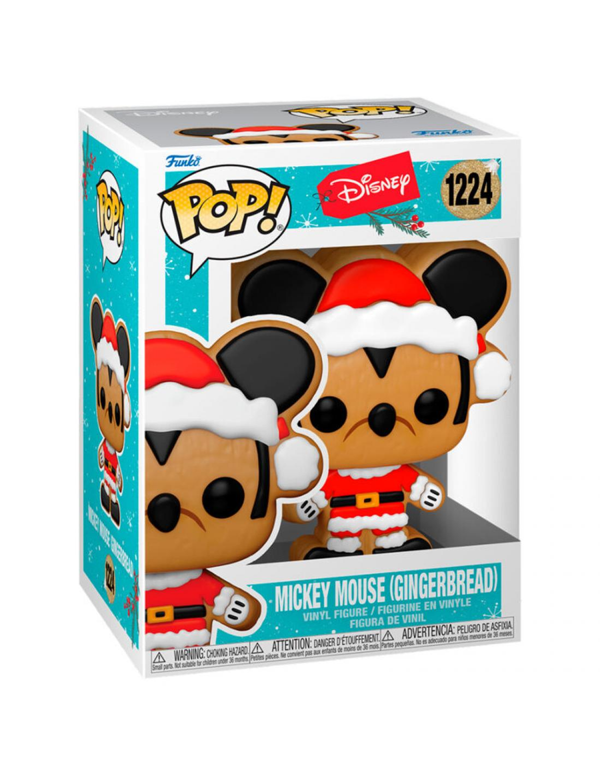 Una figura de Mickey Mouse de jengibre en una caja, con gorro de Papá Noel.