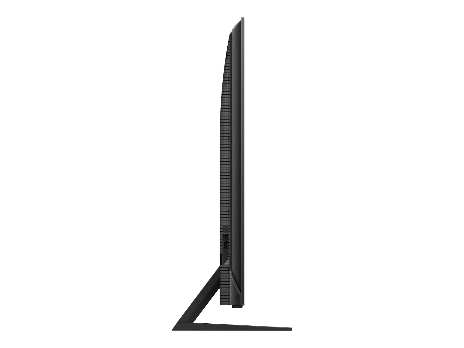 Televisor negro visto de lado. La pantalla está oscura. El fondo es negro.
