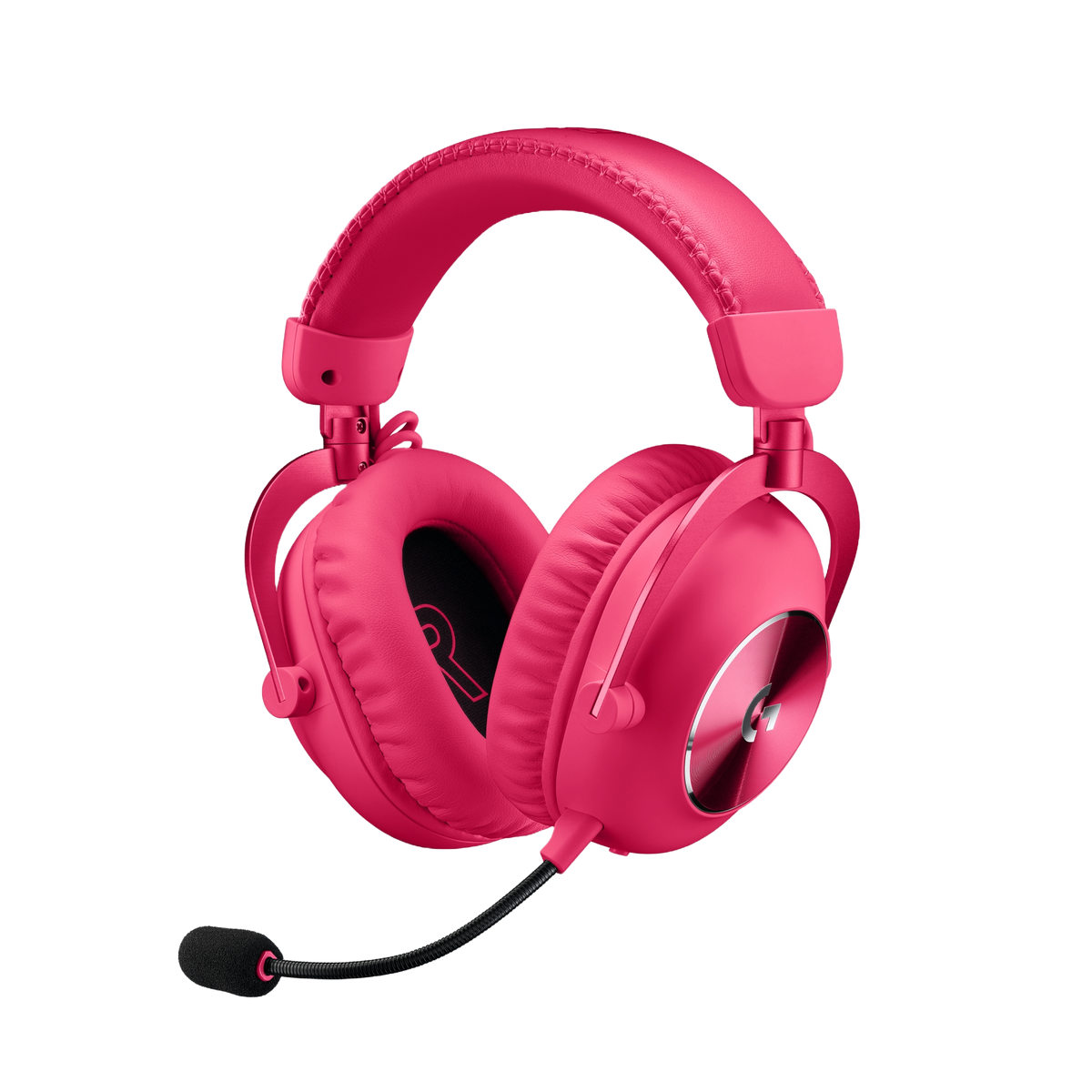 Różowy zestaw słuchawkowy dla graczy z mikrofonem. Czarne tło.
