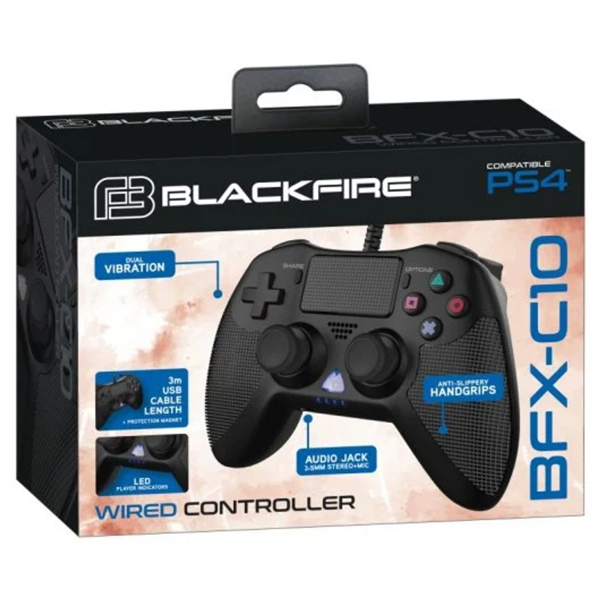 Controller cablato Blackfire PS4 nella sua scatola con dettagli sulle funzioni del controller.