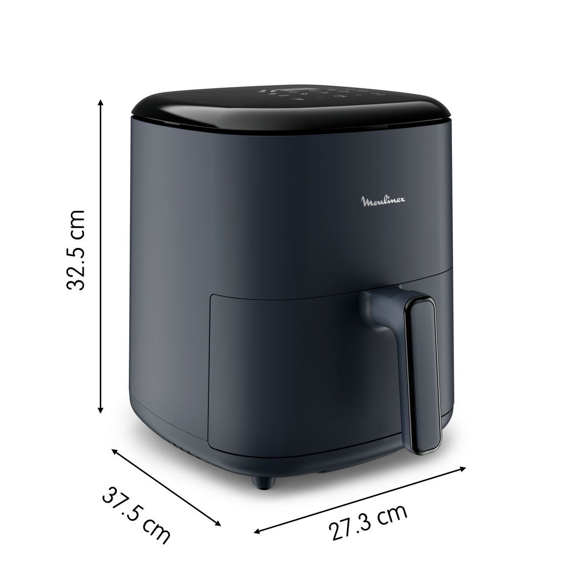 Ciemnoniebieska frytkownica powietrzna z wymiarami na białym tle. Ma uchwyt i czarny wierzch.